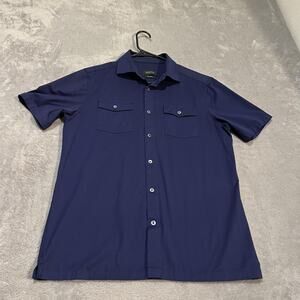 Bugatchi Shirt Mens Medium Navy Blue OoohCotton Tech 8-Way Stretch Button Up